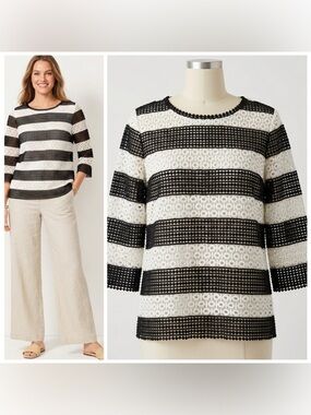 Talbots Black and Cream Striped Crochet Eyelet Lace Top Lined 3/4 Sleeve Size LP